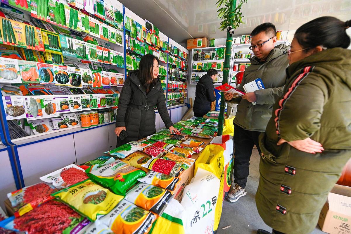 2月16日,在太原市的山西万水农资市场,经销商正向农民介绍种子新品种